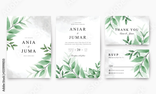 Set of elegant wedding invitation templates with watercolor green leaves © siti