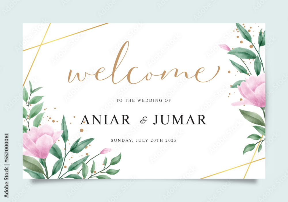 Elegant template wedding welcome sign card with pink flowers and green leaves decoration