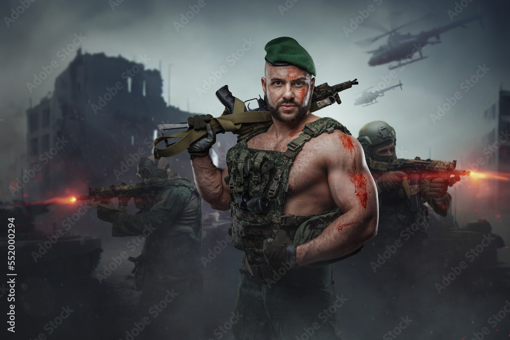 Art of modern soldier with vest and muscular build holding rifle in battlefield in city. Art of modern soldier with vest and muscular build holding rifle in battlefield in city.