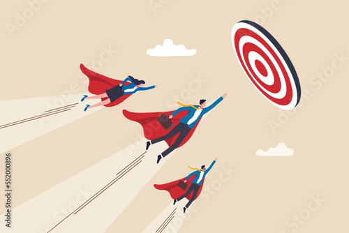 Team target, teamwork or professional aiming and reach business goal, work achievement, cooperation to success, leadership or challenge concept, business people superhero fly to reach target bullseye.