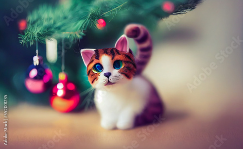 An adorable kitten hidden among the colorful decorations of a Christmas tree. A touching and festive scene to celebrate joy, animal love and sharing.
