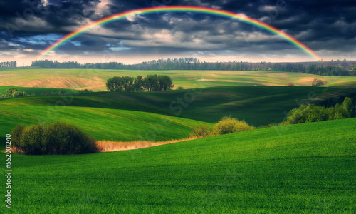 Scenic view of rainbow over green field. dramatic gray sky over a picturesque hilly field© sergnester