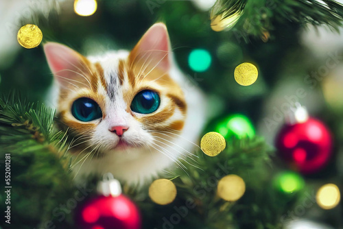 Cuddly cat playing in the garlands of the Christmas tree. Emotion, love and sharing: ideal for a winter and festive decor.