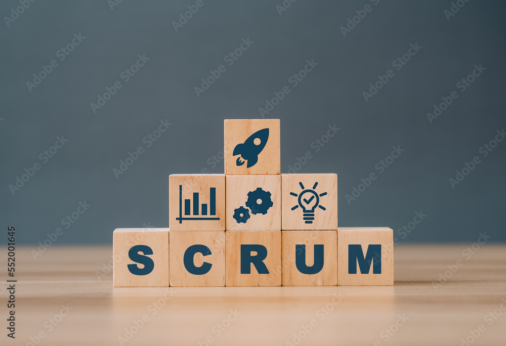Scrum word concept on cubes. and place with text to fill the word SCRUM