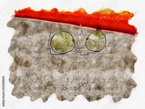 Watercolor digital art sunglasses with cool green lenses laying on poolside cement in the summer sun. No people, plenty of foreground copy space shot outdoors in natural light.