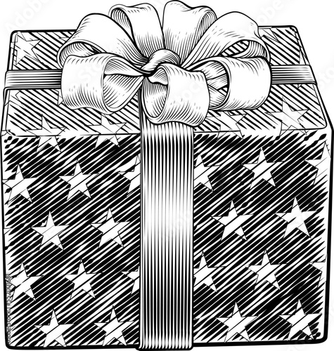Christmas gift or birthday present in a box. Wrapped in wrapping paper with ribbon bow in a hand drawn vintage woodcut illustration etching style.