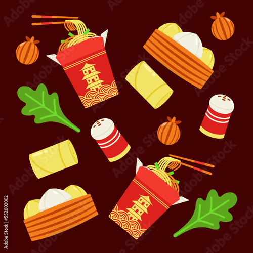 Chinese food. Boxed noodles, steamed buns, fried rolls and vegetables pattern