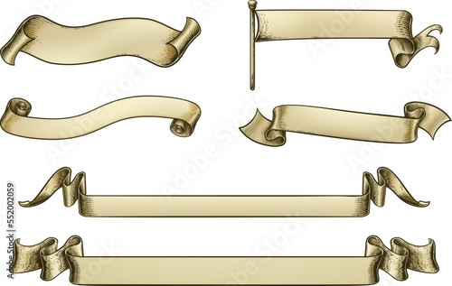 A set of parchment scrolls or paper ribbon banners and flags in a vintage retro woodcut style