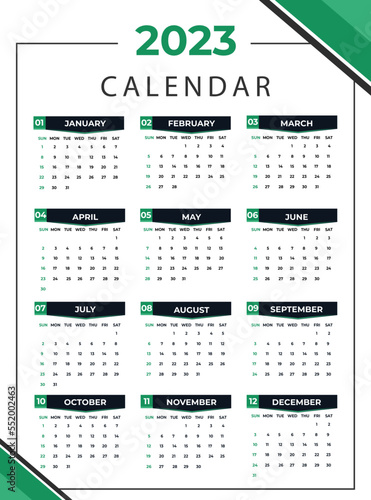 2023 calendar in vertical look in green black shade week starts from sunday