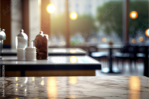 luxury restaurant background with empty marble tabletop countertop for product display, blurred background, bokeh lights, copy space