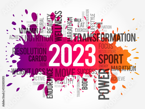 2023 health and sport goals word cloud, motivation concept background