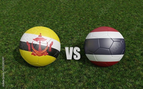 Footballs in flags colors on soccer field. Brunei Darussalam with Thailand. 3d rendering