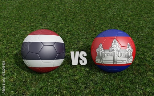 Footballs in flags colors on soccer field. Thailand with Cambodia. 3d rendering