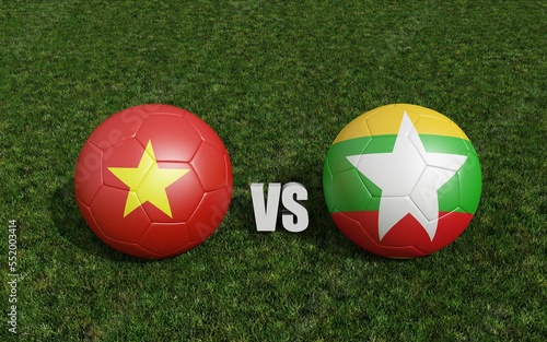 Footballs in flags colors on soccer field. Vietnam with Myanmar. 3d rendering