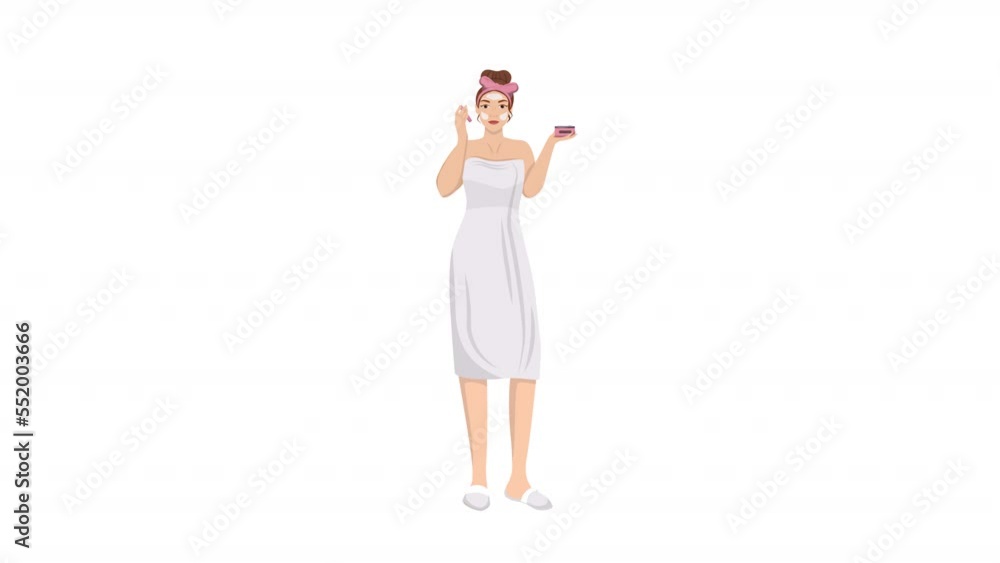 Animated after bath character. Woman with towel applying cream. Full body flat person on white background with alpha channel transparency. Colorful cartoon style HD video footage for animation Animated after bath character. Woman with towel applying cream. Full body flat person on white background with alpha channel transparency. Colorful cartoon style HD video footage for animation