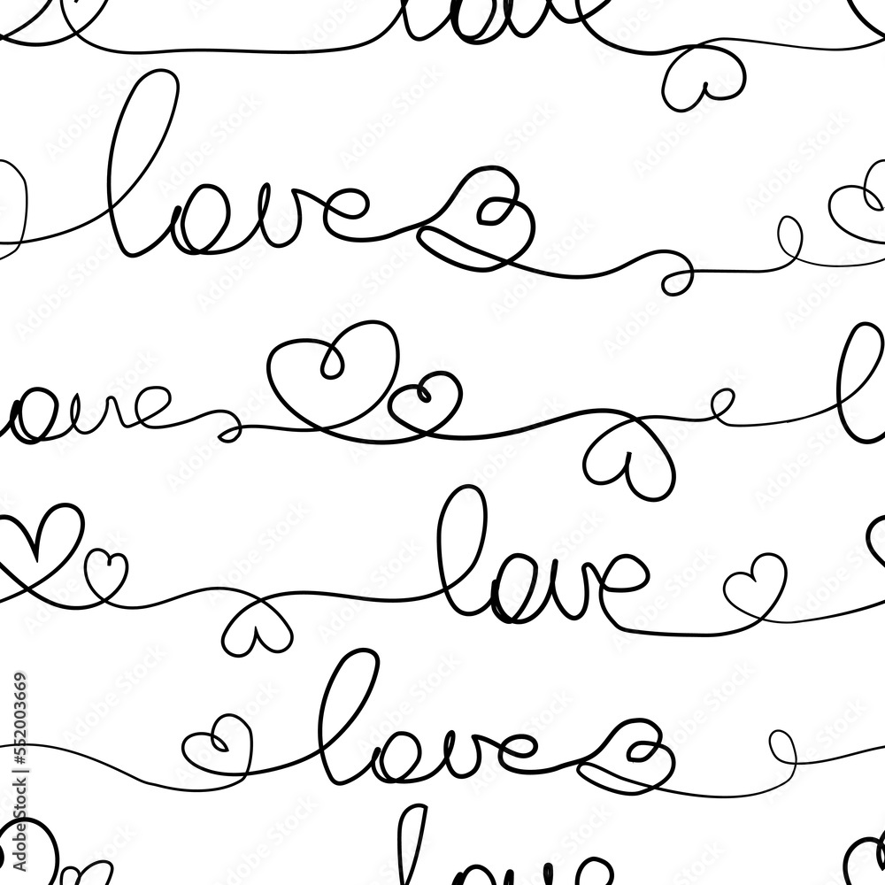 Handwritten Love and hearts lettering seamless pattern line drawing vector illustration on white background.Abstract seamless love calligraphy pattern.Romantic concept background.Sketch drawn