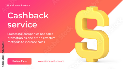 Cashback service money refund warranty promo social media internet banner 3d icon vector illustration. Financial payment commercial business bonus purchase cash dollar discount guarantee landing page