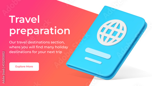 Travel preparation guide checklist book instructions tourists social media banner 3d icon vector illustration. Guidance rules notebook trip journey planning brochure with steps for leisure activity