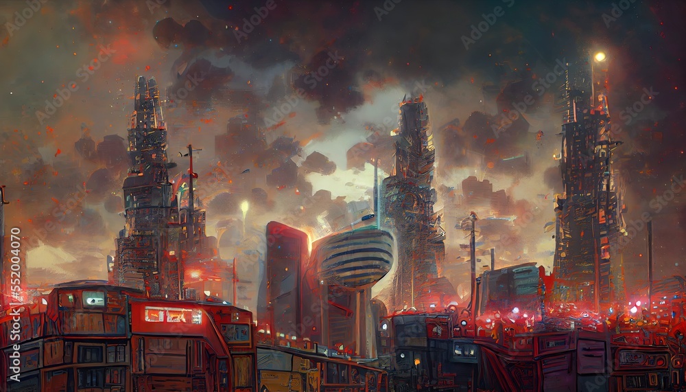 Obraz premium Polluted Sci-Fi cityscape with skyscrapers and tall buildings. Great as a background or for your art projects.