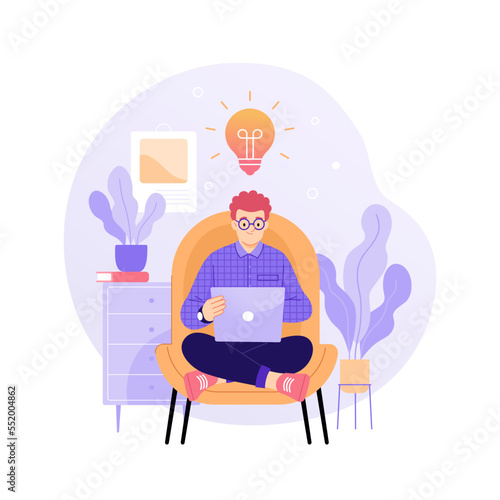 Work remotely concept. Vector cartoon illustration of a young man sitting in a chair with a laptop and coming up with new ideas. Isolated on white