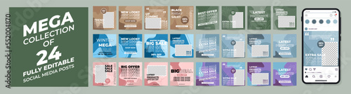 Mega collection of 24 social media post design templates, Trendy abstract floral square art backgrounds