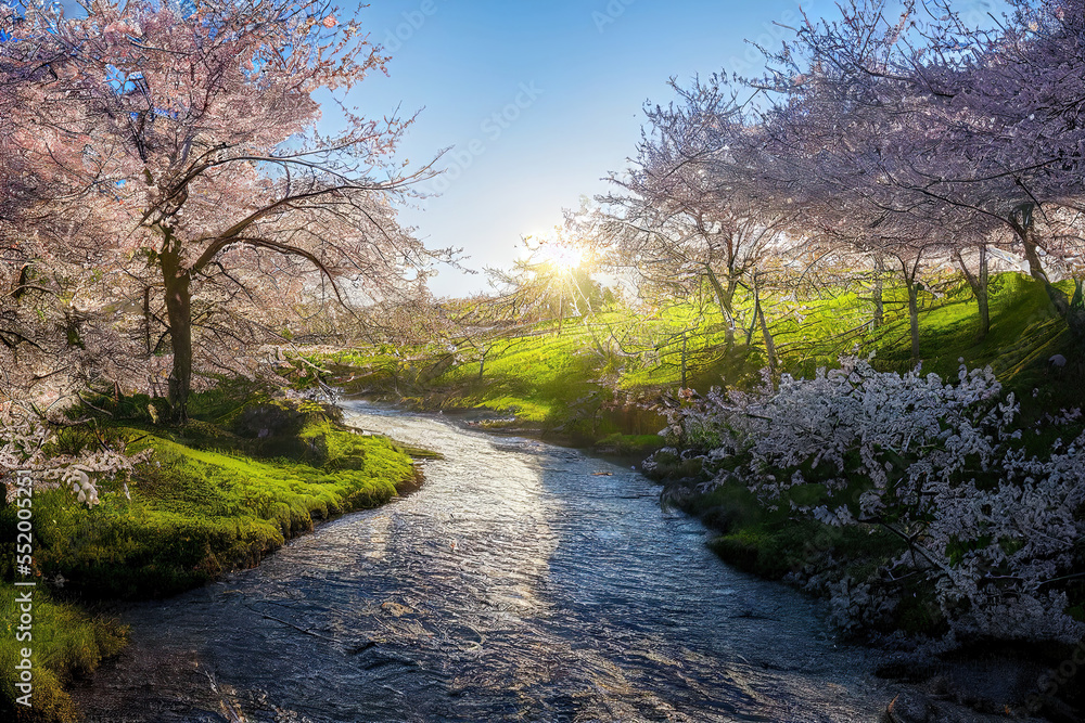 beautiful spring landscape with river and blossoming trees beautiful spring landscape with river and blossoming trees