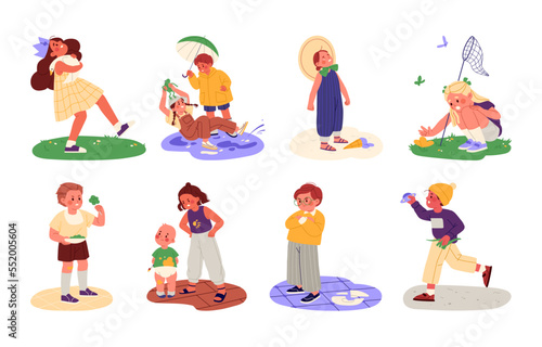 Cute children with different emotions set. Funny preschool kids characters with happy, angry expressions. Girls, boys crying, smiling, laughing. Flat vector illustrations isolated on white background