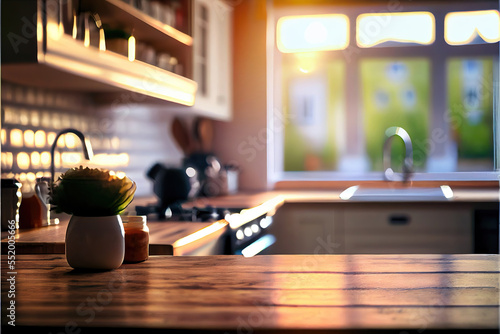 kintchen background with empty wooden table for product display, blurred background, bokeh lights, copy space