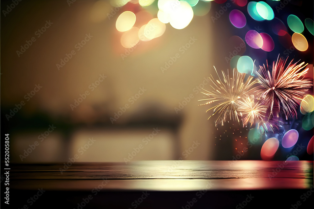 new years eve holiday background with empty wooden table for product display, blurred background, fireworks bokeh lights, copy space