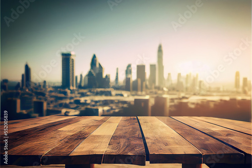 City skyline background with empty wooden table for product display, blurred background, copy space