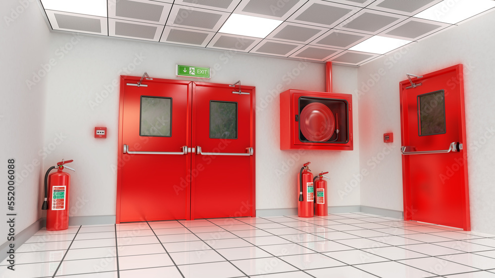 Fire exit door, exit sign, emergency fire button, extinguishers and