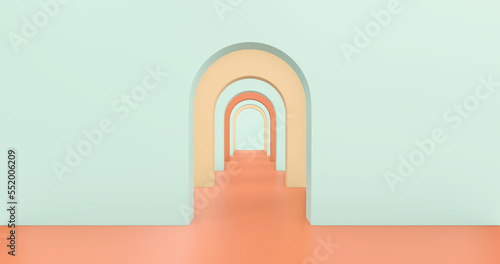 Concept business roads. Colorful wall. Arch hallway simple geometric background, architectural corridor, portal, and arch columns inside empty walls. Modern minimal concept. 3d rendering. photo