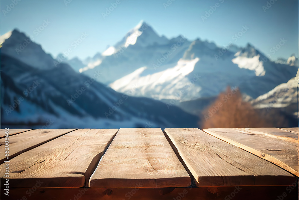 mountains background with empty wooden table for product display, snowy montains landscape blurred background, copy space mountains background with empty wooden table for product display, snowy montains landscape blurred background, copy space