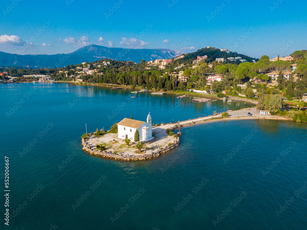  drone view of famous  church of Ypapanti komeno bay in kerkyra corfu greece