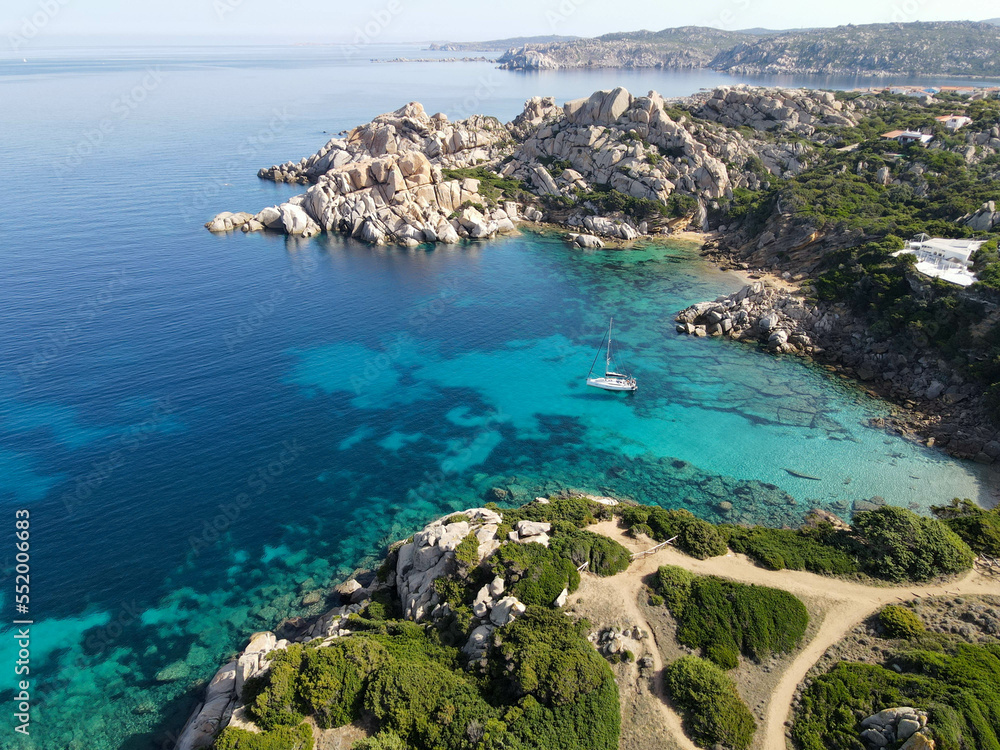 Drone view at Cala Spinosa near Santa Teresa di Gallura on Sardinia, Italy