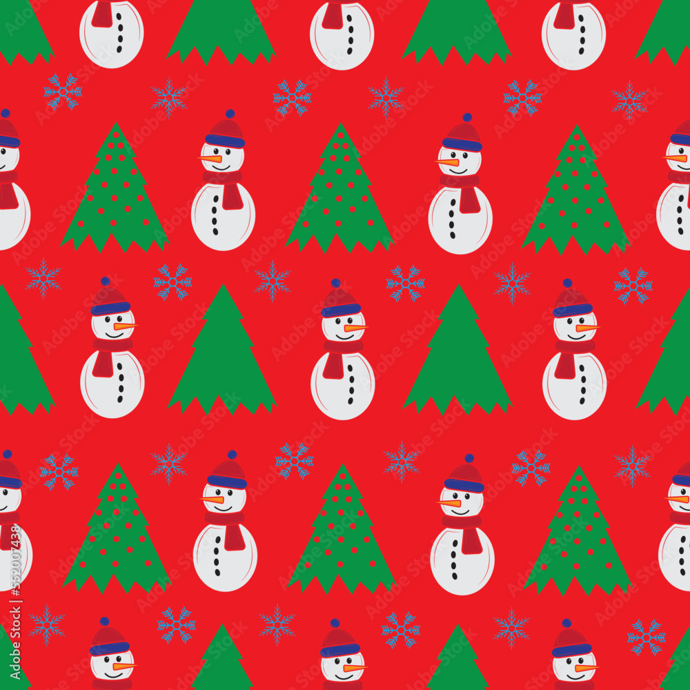 Cute snowman seamless pattern. Cute cartoon character. Snowman, yolka and falling snow. Red 
background. Vector illustration.