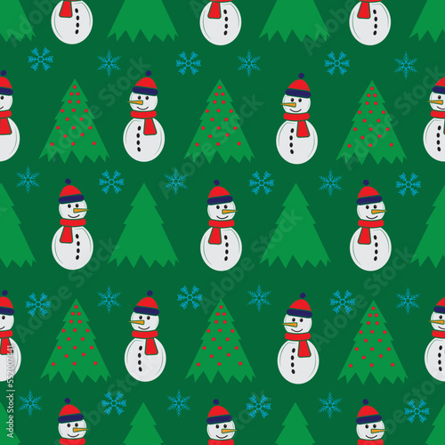 Cute snowman seamless pattern. Cute cartoon character. Snowman  yolka and falling snow. Green background. Vector illustration.