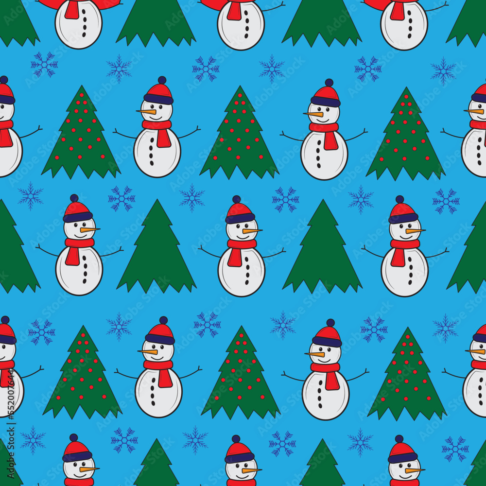 Cute snowman seamless pattern. Cute cartoon character. Snowman, yolka and falling snow. Blue background. Vector illustration.