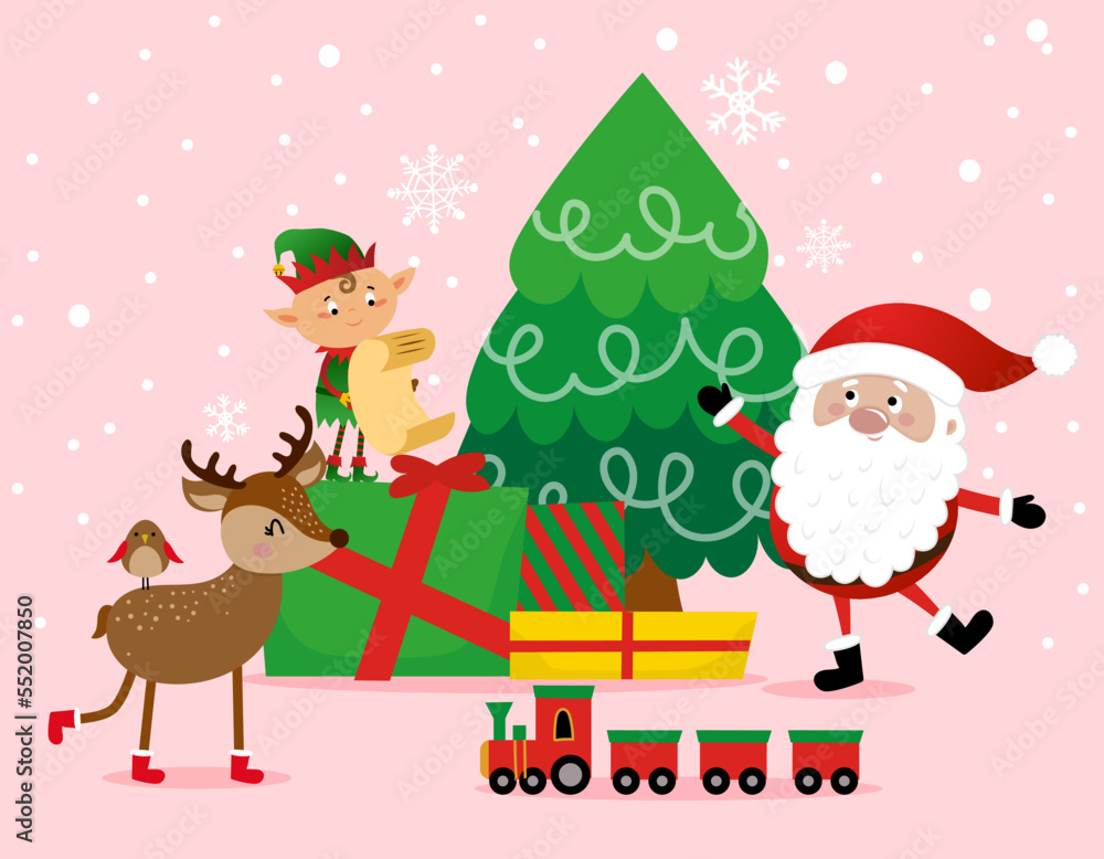 Christmas scene - Santa's little helpers in cartoon style. Merry Christmas and happy new year. Funny characters in Santa's workshop. Christmas scene - Santa's little helpers in cartoon style. Merry Christmas and happy new year. Funny characters in Santa's workshop.