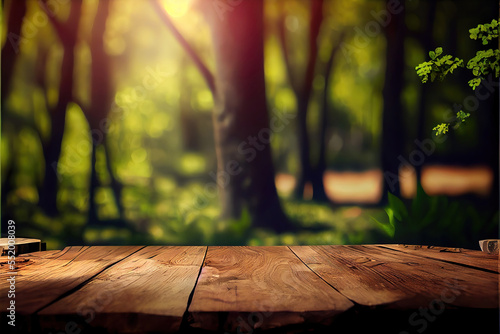 summer forest background with empty wooden table for product display, nature blurred background, copy space