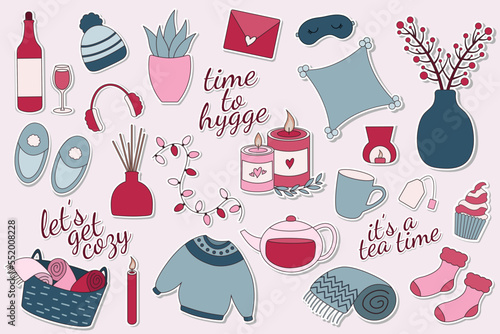 Big sticker collection with hygge style stickers. Cosy home elements