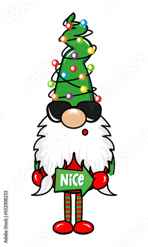 Adorable Christmas gnome tangled the christmas lights - gnome with nice word. Nordic magic dwarf. Cute holidays Elf with hat. Vector illustration for Winter holidays and happy new year.