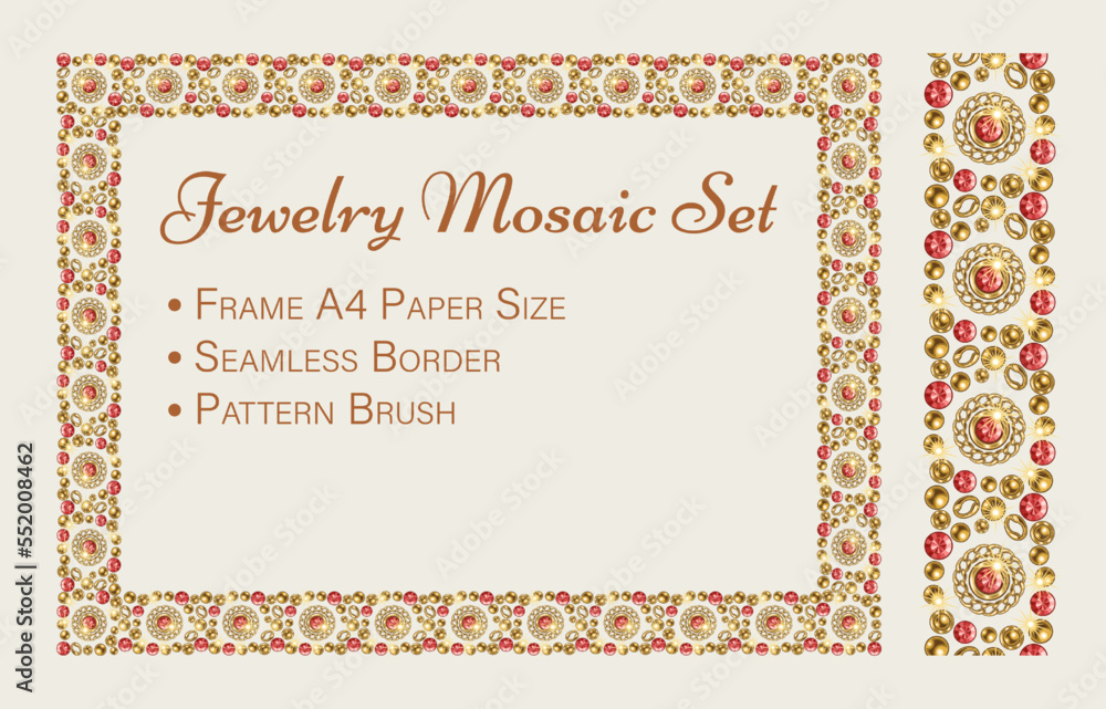 Jewelry set with rectangular mosaic frame, seamless border, pattern brush. Gold elements, red gems. Can be used for poster, invitation, greeting card, menu etc Vintage style, white background