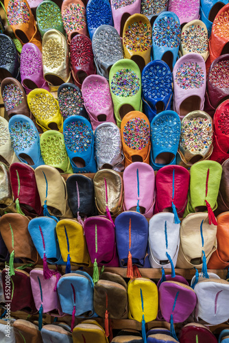 Slippers dyed in different colors in the souk , marrakesh, morocco, africa