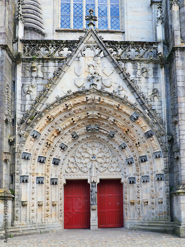 Portal of the Saint-Corentin cathedral in Quimper, a jewel of Breton Gothic art under the patronage of Notre-Dame and the legendary first bishop whose name it bears, Saint Corentin photo