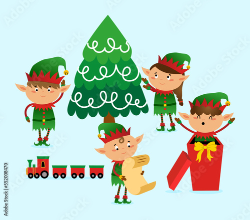 Christmas elves - Santa's little helpers  in cartoon style. Merry Christmas and happy new year. Funny characters in Santa's workshop.