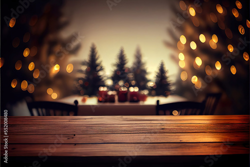 Christmas holiday background with empty wooden table for product display, blurred background, christmas bokeh lights, copy space