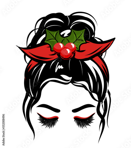 Beautiful woman with beautiful lashes and red bandana with holly. Lady Mom with messy bun, getting stuff done. Fashion illustration for t shirt. Christmas design.