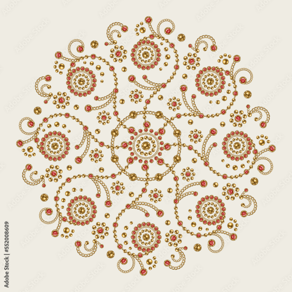 Fototapeta premium Jewellery luxury mandala with round motifs Ornament made of gold jewelry chains, red gems, rhinestones, ball beads in vintage style. For prints, poster, cover, textile, surface design White background