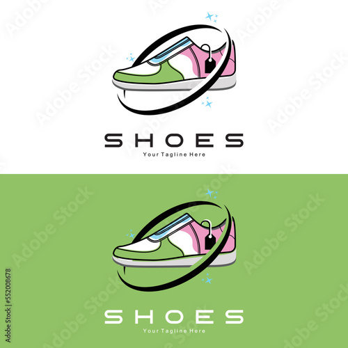 Sneakers Shoe Logo Design, vector illustration of trending youth footwear, simple funky concept